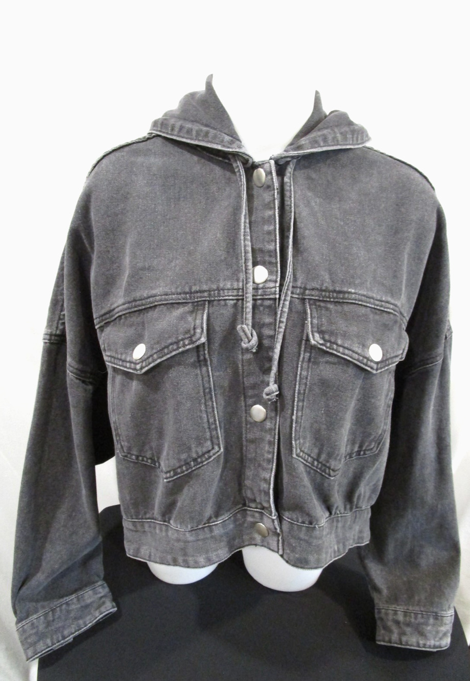 The Native One Oversized Crop Hooded Black Denim Jean Jacket Women Sz S